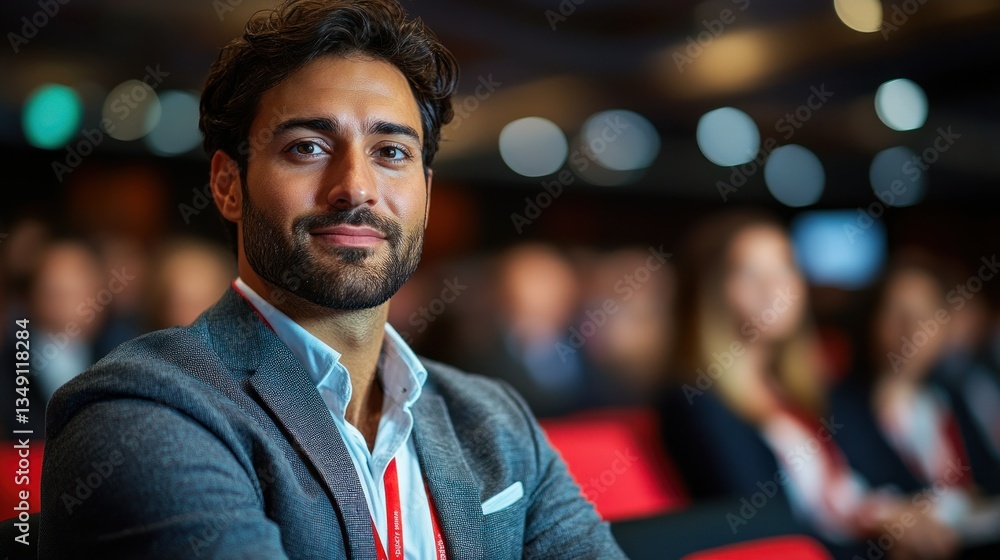 Confident speaker at a business conference. Attentive audience in the background Confident speaker at a business conference. Attentive audience in the background