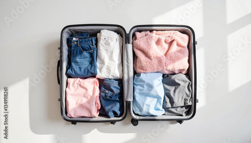 Neatly packed suitcase with colorful clothing in minimalist room, organization