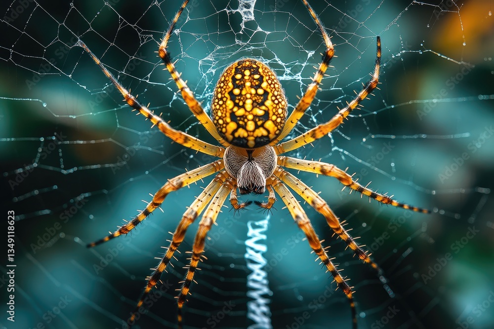 Obraz premium Close-up of a spider on its web, detailed texture. Perfect for nature, wildlife, or science projects.