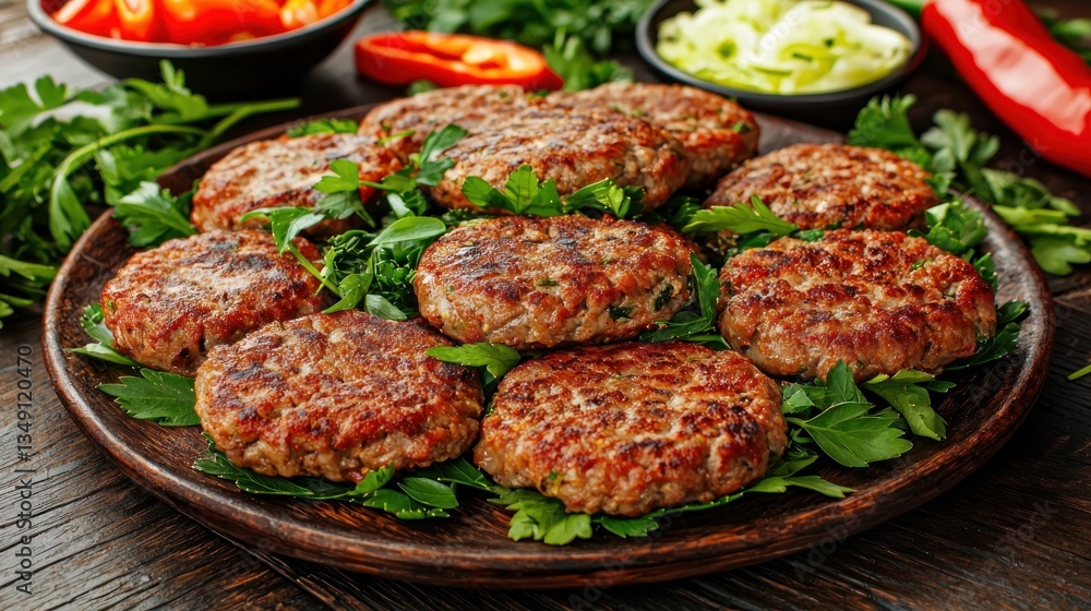 Delicious homemade cutlets with fresh green parsley on wooden rustic plate capturing culinary perfection Delicious homemade cutlets with fresh green parsley on wooden rustic plate capturing culinary perfection