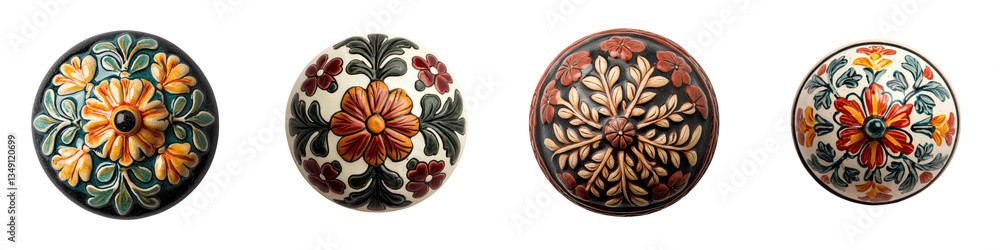 A collection of vibrant handcrafted ceramic ornaments featuring detailed traditional floral motifs and patterns A collection of vibrant handcrafted ceramic ornaments featuring detailed traditional floral motifs and patterns