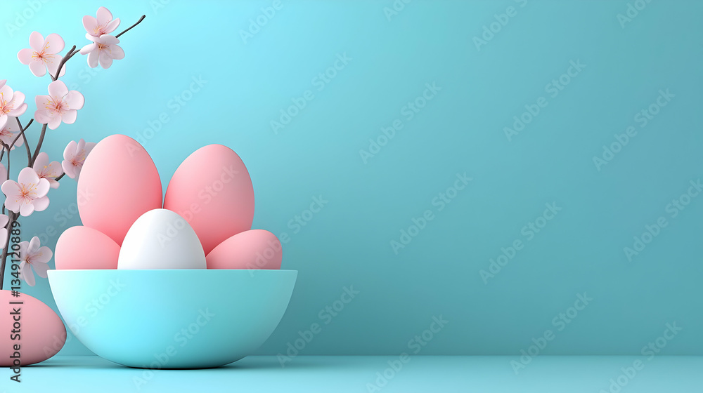 Fototapeta premium Pastel Pink and White Easter Eggs in Blue Bowl with Cherry Blossoms