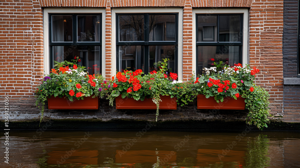 Fototapeta premium Dutch canal house brick facade tall narrow windows vibrant flower boxes historic European architecture picturesque waterfront charming Amsterdam scenic reflection timeless beauty wallpaper home brown