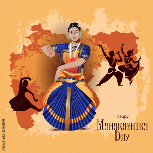 Maharashtra Day Art – Elegant Woman Performing Bharatanatyam, State Map & Traditional Dance Forms – Perfect for Social Media, Posters, Festival Designs, and Heritage Promotions.