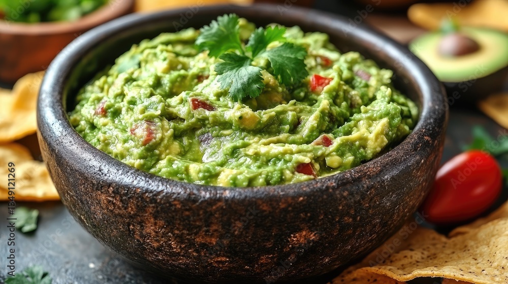 Stone bowl of creamy guacamole, garnished with cilantro. Perfect for menus, recipes, or articles about Mexican food. Stone bowl of creamy guacamole, garnished with cilantro. Perfect for menus, recipes, or articles about Mexican food.