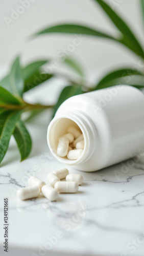 Magnesium Glycinate capsules sitting on a marble surface with greenery in the background.