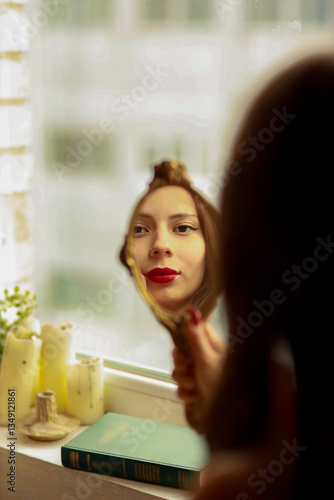 The reflection of pretty female face in small round mirror