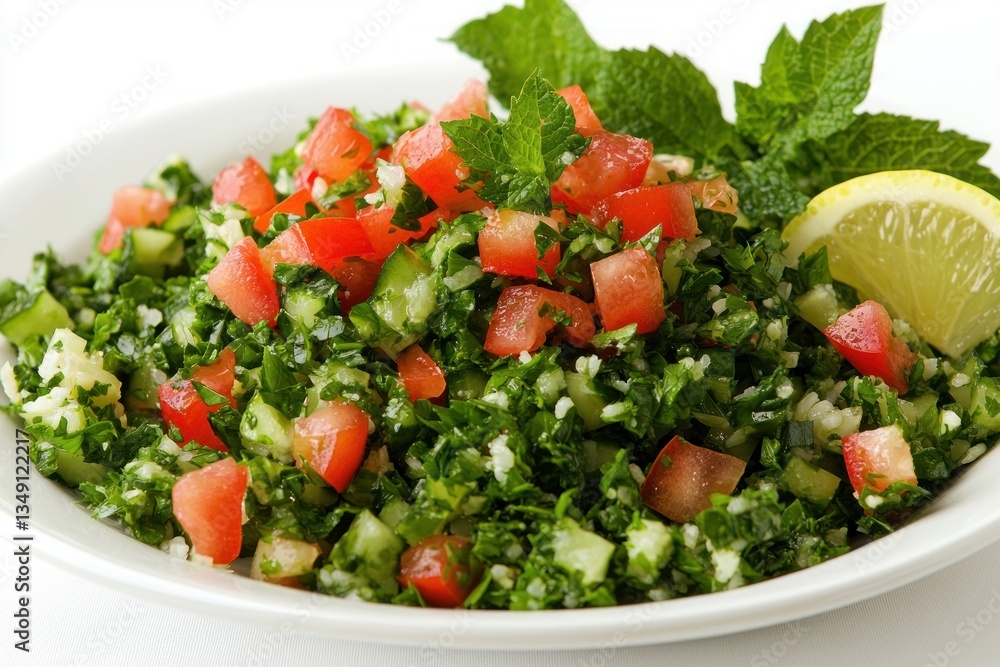 Fresh Tabbouleh Salad with Tomato Cucumber Mint and Lemon Authentic Middle Eastern Food Culinary Photography Fresh Tabbouleh Salad with Tomato Cucumber Mint and Lemon Authentic Middle Eastern Food Culinary Photography