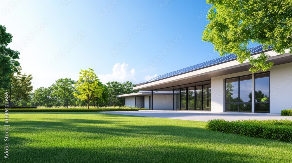 Fototapeta premium A modern house with large glass windows surrounded by lush greenery and a clear blue sky, showcasing an eco-friendly design, sustainable living lifestyle.