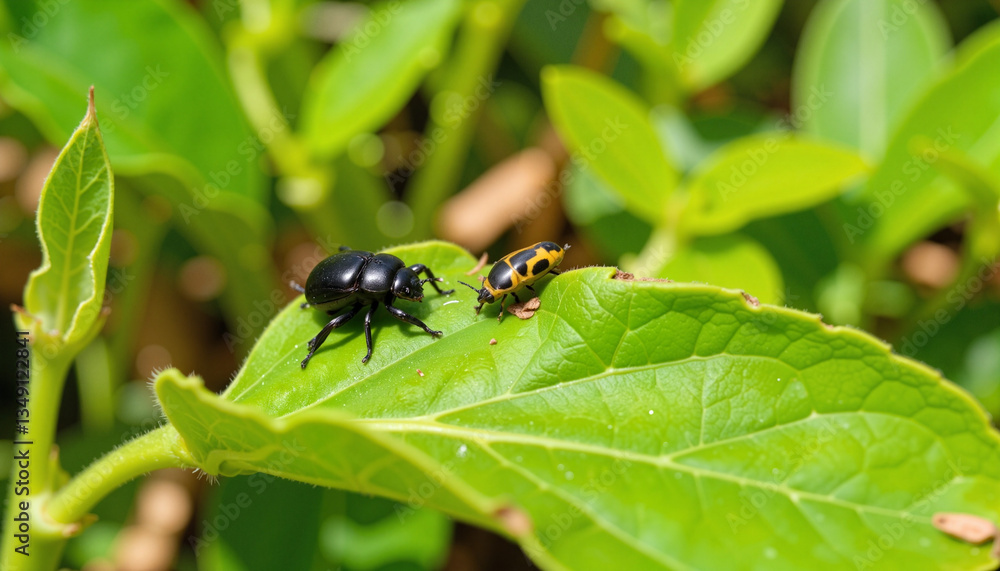 Beetles nibbling on green leaf in sunny garden, nature's balance Beetles nibbling on green leaf in sunny garden, nature's balance