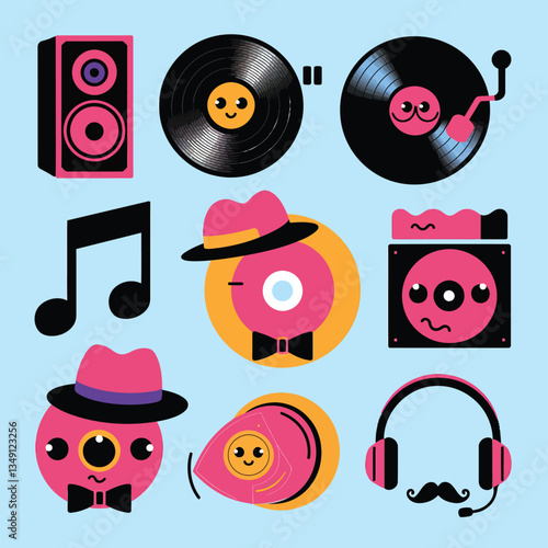2d vector illustration icon cool entertainment cartoon character  music tools (Drum , Music Note , Headphones ,Microphone , Piano , Guitar ,Record) 

