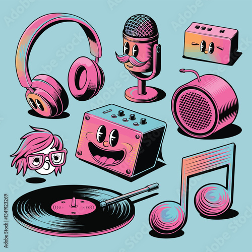 2d vector illustration icon cool entertainment cartoon character  music tools (Drum , Music Note , Headphones ,Microphone , Piano , Guitar ,Record) 
