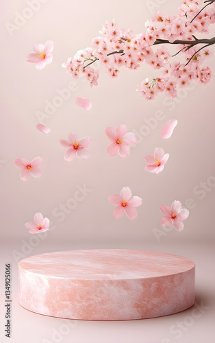 A podium sculpted from soft pink quartz, surrounded by floating cherry blossom petals.