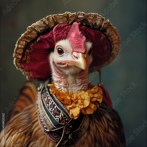 Unique turkey wearing a decorative hat and colorful accessories in a whimsical portrait setting