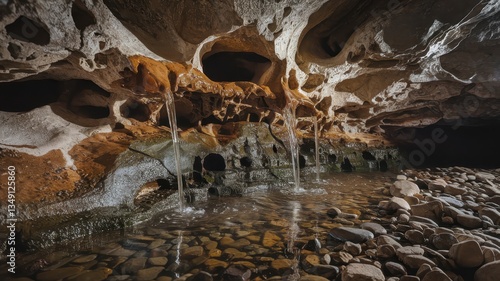 Enigmatic Cave Springs:  A subterranean marvel where water trickles from the cavern ceiling into a rocky stream.  Nature's hidden beauty, captured in detail. photo