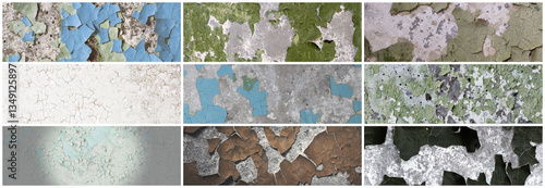 Set of peeling paint textures. Old concrete walls with cracked flaking paint. Weathered rough painted surfaces with patterns of cracks and peeling. Collection of wide panoramic backgrounds for design.