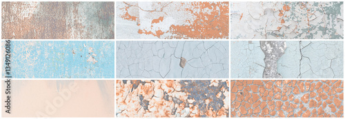 Set of panoramic background textures. Collection of wide textures with peeling paint, cracks, rust, stone and concrete walls. Faded rough surfaces of old walls. Bundle of light backgrounds for design.