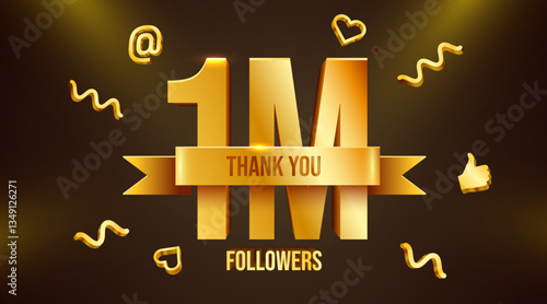 1m or 1000000 followers thank you. One million. Golden numbers with ribbon. Social Network friends, followers, Web users. Subscribers, followers or likes celebration.