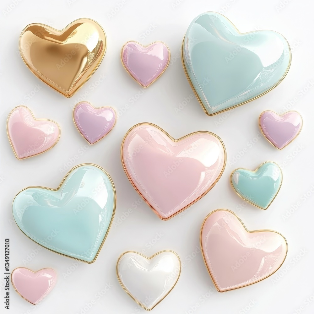 3D Heart Shapes in Pastel Colors with Gold and Pink Accents on a White Background 3D Heart Shapes in Pastel Colors with Gold and Pink Accents on a White Background