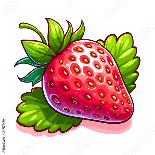 Strawberry illustration with green leaves in minimalistic vector style with bright appeal on transparent background.