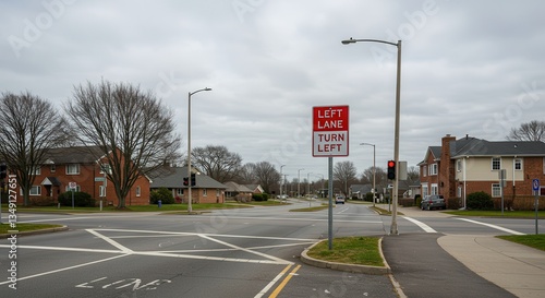 Intersection with Left Turn Lane Sign and Red Traffic Light