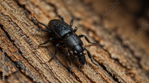 Close-up of a black beetle on bark.  A detailed view of a dark-colored beetle, likely a longhorn beetle or similar species, meticulously positioned on a textured wooden surface.  photo