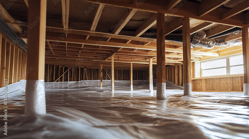 View of a crawl space with wooden beams and support columns covered in plastic sheeting and a window View of a crawl space with wooden beams and support columns covered in plastic sheeting and a window