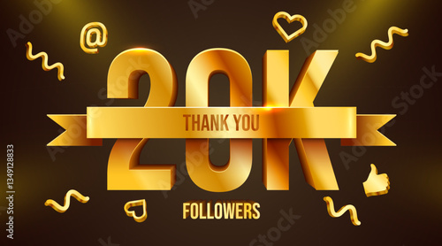 20k or 20000 followers thank you. Golden numbers with ribbon. Social Network friends, followers, Web users. Subscribers, followers or likes celebration.