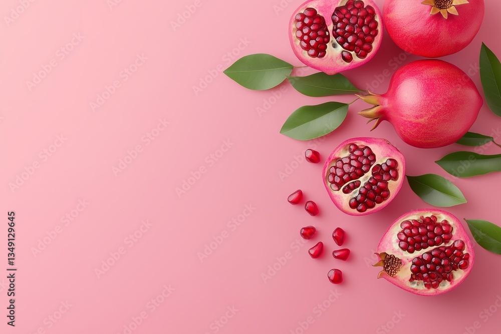 Pastel background whole and sliced pomegranate combination, showcasing deep red tones and juicy texture, Pastel background whole and sliced pomegranate combination, showcasing deep red tones and juicy texture,