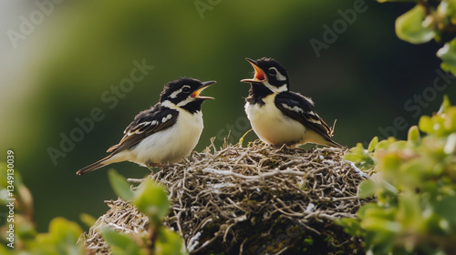 Two baby birds chirping in their nest