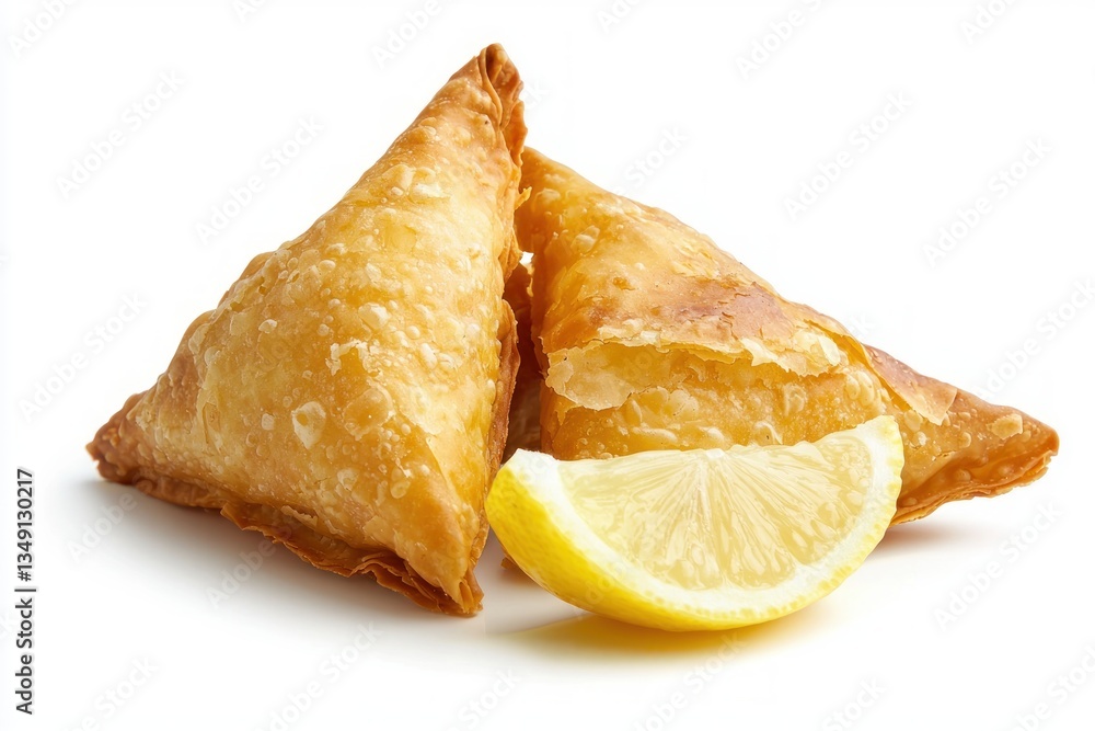 Golden crispy spanakopita pastry triangles with refreshing lemon slice on clean white background studio shot Golden crispy spanakopita pastry triangles with refreshing lemon slice on clean white background studio shot