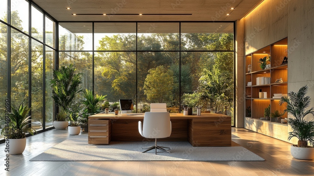 Fototapeta premium Bright Modern Office Interior with Large Windows Overlooking Green Trees