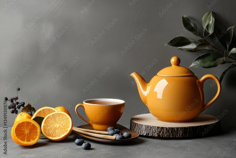 A stylish grey backdrop sets the scene for a ceramic teapot and fruit tea. A stylish grey backdrop sets the scene for a ceramic teapot and fruit tea.
