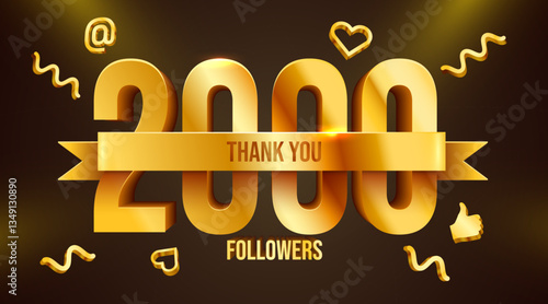 2k or 2000 followers thank you. Golden numbers with ribbon. Social Network friends, followers, Web users. Subscribers, followers or likes celebration.