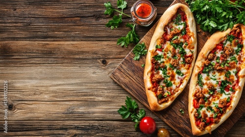 Traditional turkish pide flatbread with ground meat topping served on a wooden board overhead food shot