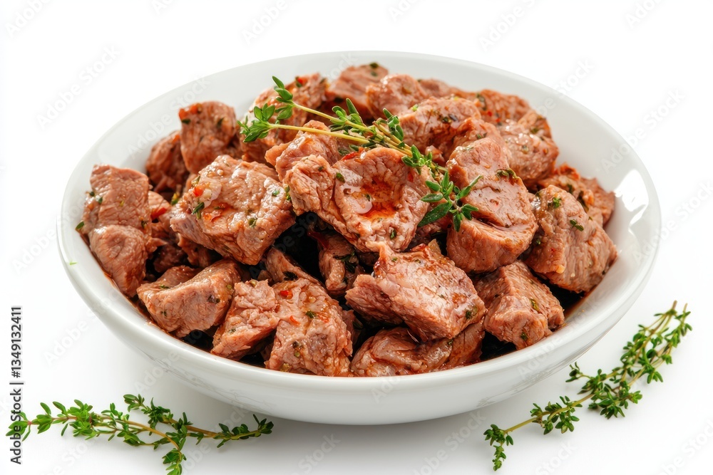 Diced Tenderloin Beef Cubes in White Bowl on Bright Background with Thyme Sprigs Culinary Still Life Freshness of Cut Meat on White Background Diced Tenderloin Beef Cubes in White Bowl on Bright Background with Thyme Sprigs Culinary Still Life Freshness of Cut Meat on White Background