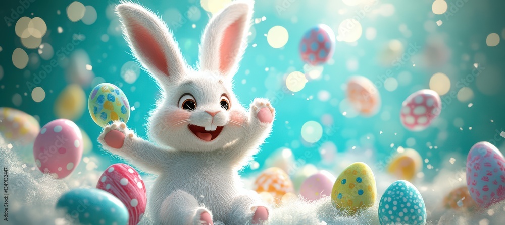 Easter Bunny With Colorful Eggs On Turquoise Background..