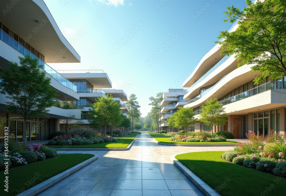 Obraz premium modern campus architecture green spaces bright vibrant design nature integration, building, urban, structure, exterior, interior, landscape, park, community