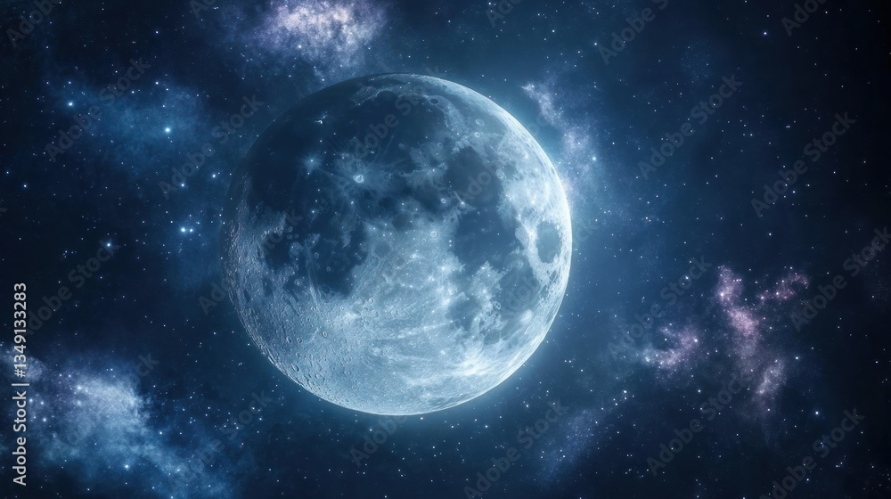 Obraz premium Full moon in a dark night sky with nebulae and stars.