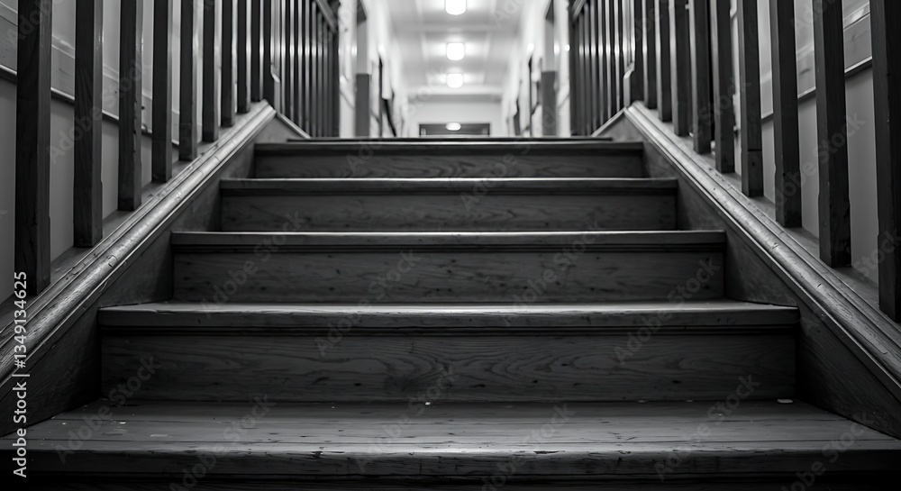 Fototapeta premium Wooden Stairway Leading Upward in Black and White Interior View