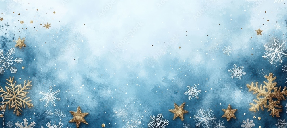 Hand-Drawn Snowflakes with Golden Stars on Pastel Background
