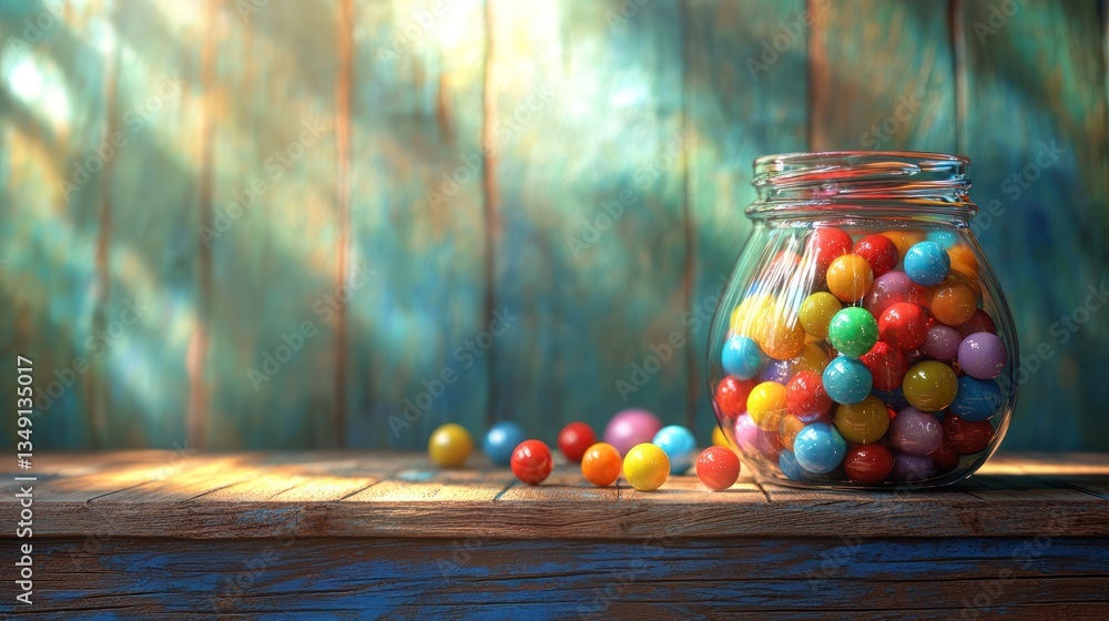 Naklejka premium Colorful gumballs in glass jar on rustic wood table.