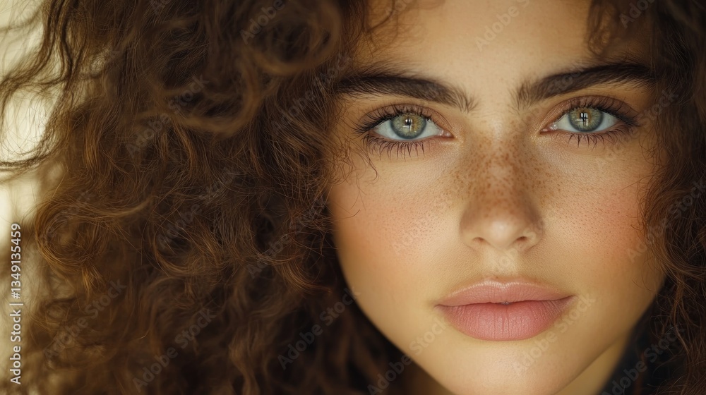 Close-up Portrait of a Woman with Freckles and Curly Hair Close-up Portrait of a Woman with Freckles and Curly Hair
