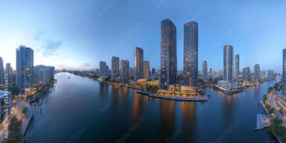 Fototapeta premium Urban City Towers Reflection Downtown Riverfront at Twilight in Financial, Luxury Residence