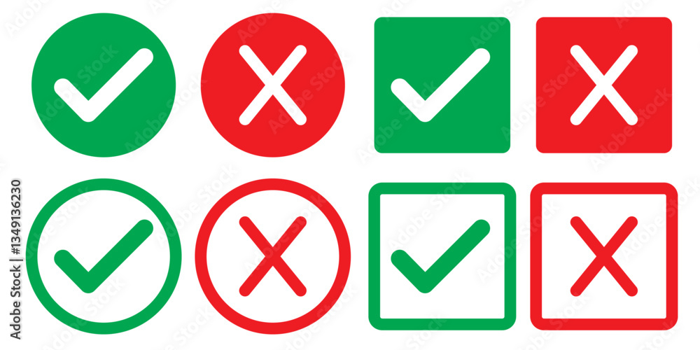 Green check mark, red cross mark icon set. Isolated tick symbols, checklist signs, approval badge. Flat and modern checkmark design, vector illustration. Green check mark, red cross mark icon set. Isolated tick symbols, checklist signs, approval badge. Flat and modern checkmark design, vector illustration.