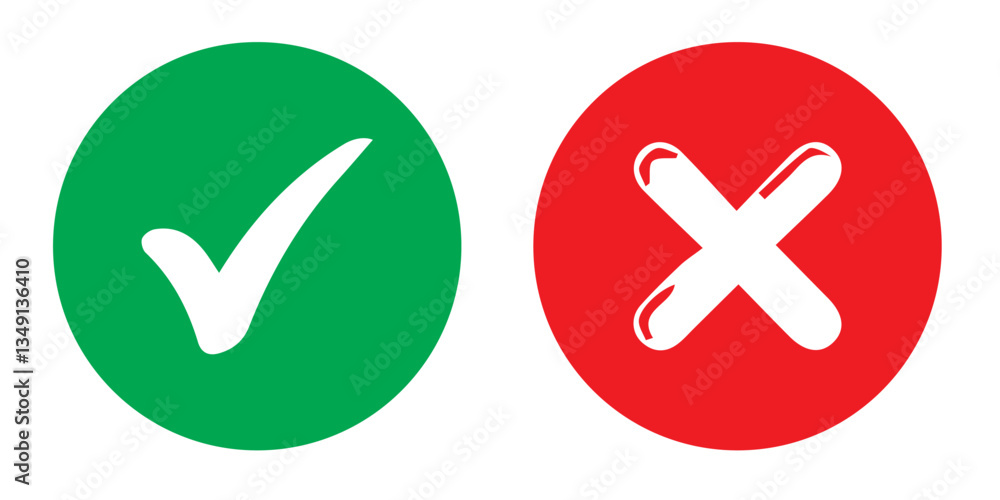 Green check mark, red cross mark icon set. Isolated tick symbols, checklist signs, approval badge. Flat and modern checkmark design, vector illustration. Green check mark, red cross mark icon set. Isolated tick symbols, checklist signs, approval badge. Flat and modern checkmark design, vector illustration.