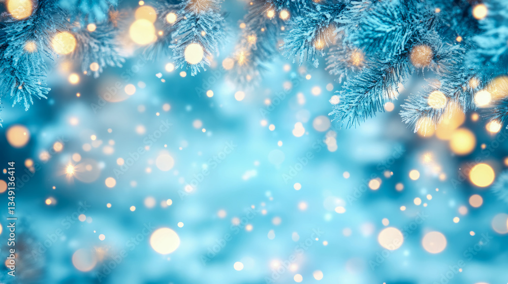 Christmas: Frosty Pine Branches with Glowing Lights – Holiday Card, Winter Decor, Festive Backdrop Christmas: Frosty Pine Branches with Glowing Lights – Holiday Card, Winter Decor, Festive Backdrop