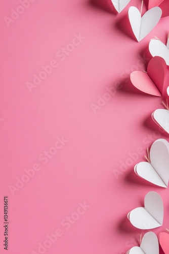 Pink Background with Paper Hearts in Minimalist Style.