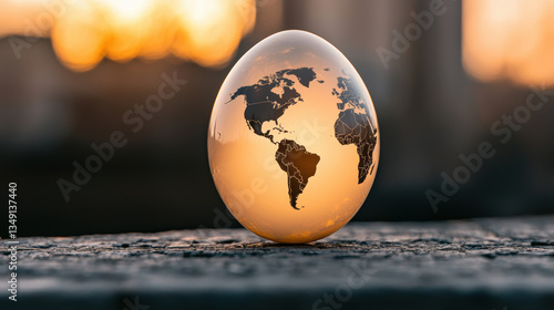 Wallpaper Mural A glowing egg with a world map design, symbolizing global unity and fragility against a blurred warm background. Torontodigital.ca