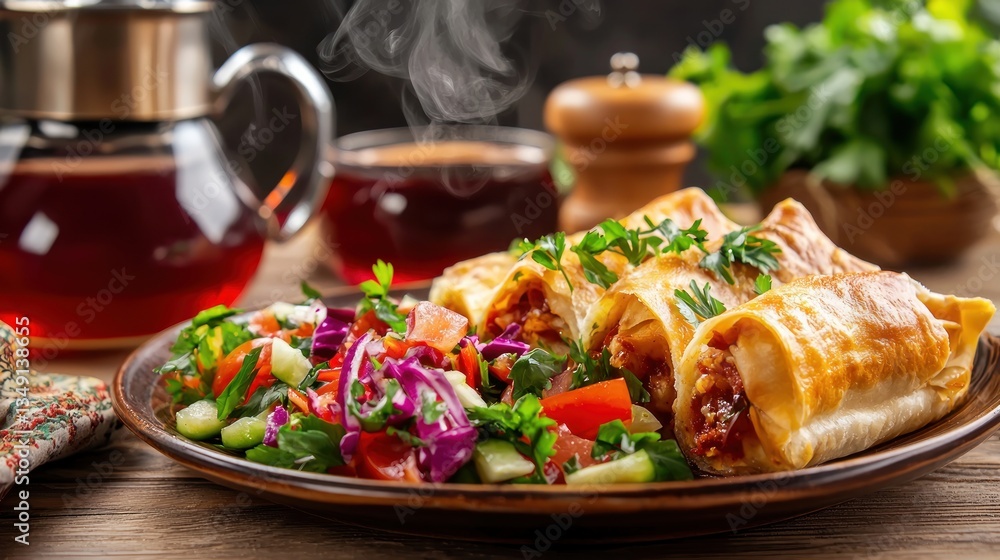 Appetizing Rolls with Salad and Beverage Displaying Culinary Artistry in a Warm Restaurant Ambience Appetizing Rolls with Salad and Beverage Displaying Culinary Artistry in a Warm Restaurant Ambience